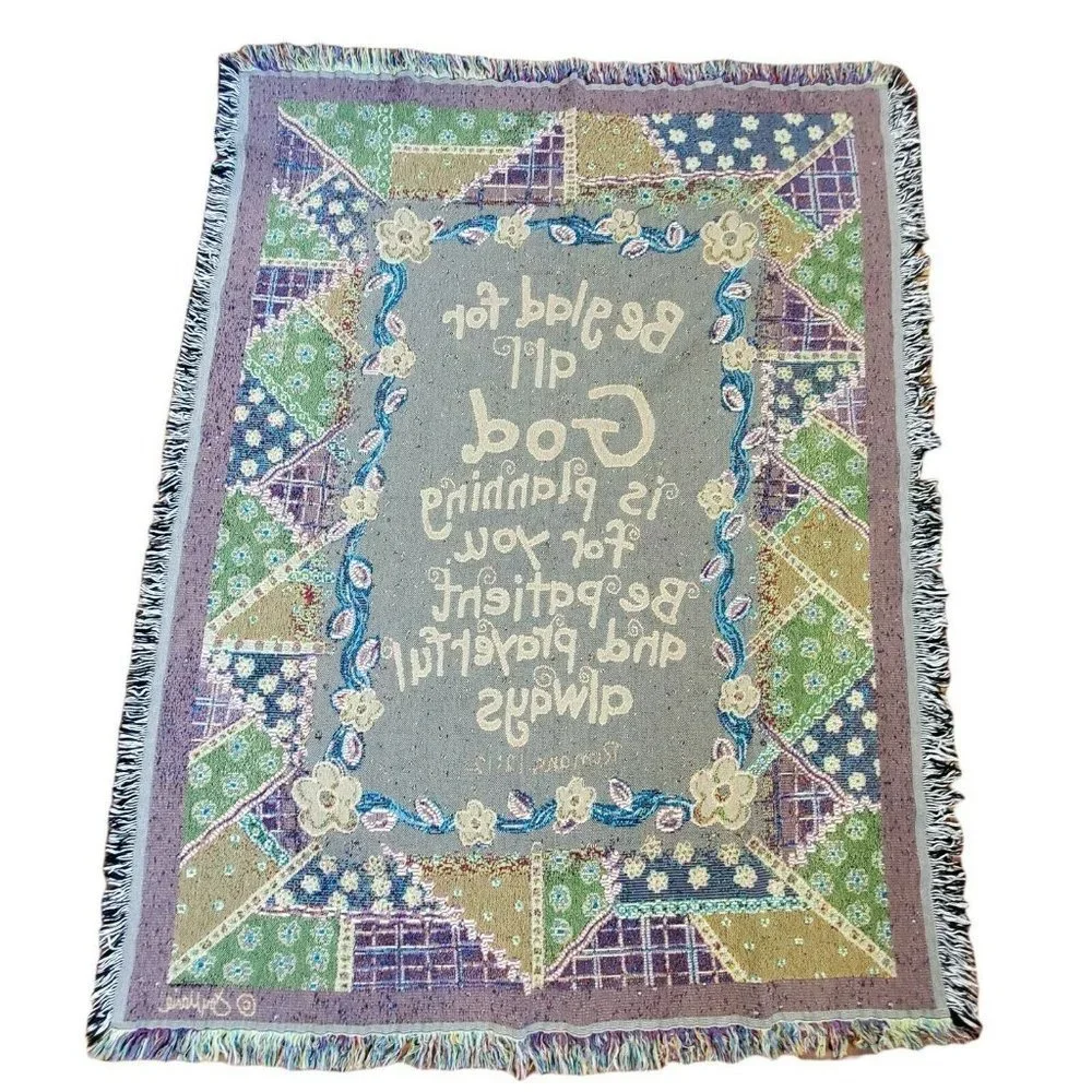 Vintage 90s Religious Christian Bible Scripture Floral‎ Blanket Fringe Joy Marie